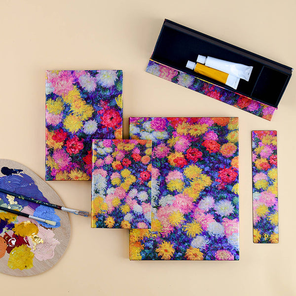 Colorful floral-patterned products on a beige background