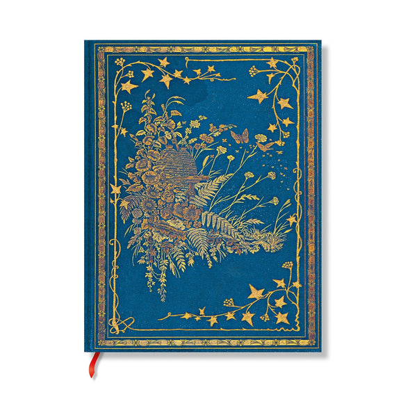 Blue notebook with gold floral design on a white background