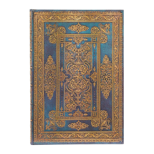Decorative book with gold and blue design on a white background