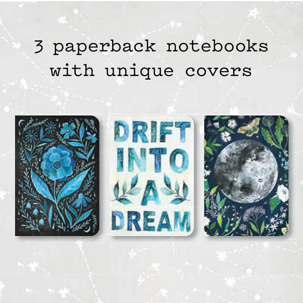Three paperback notebooks with unique covers on a light gray background