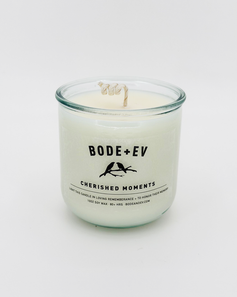 Memory memorial candle honoring cherished moments, hand poured soy wax remembrance candle.