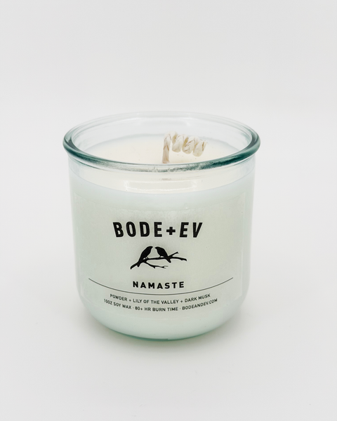 Namaste grounding incense-inspired soy wax candle with amber, rose, sandalwood, and patchouli notes
