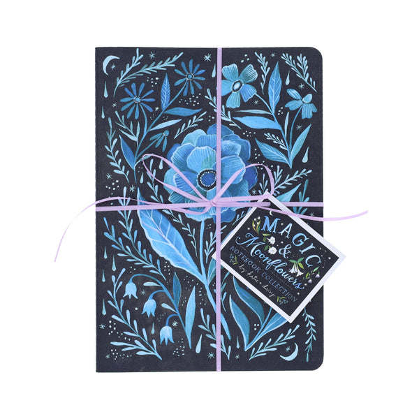 Decorative notebook with blue floral patterns and a pink ribbon on a white background